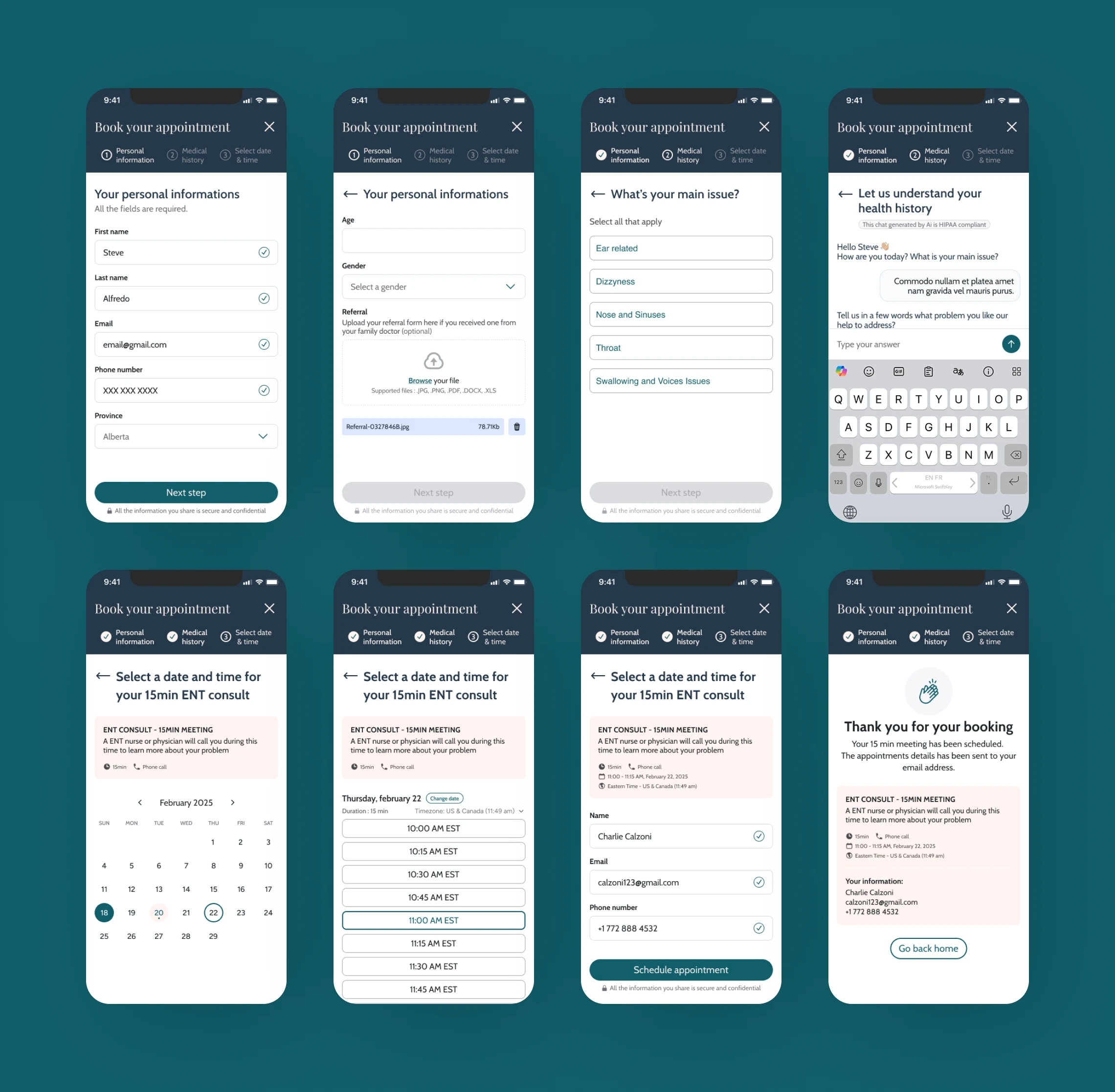 Step-by-step mobile interface of ENT clinic appointment booking process