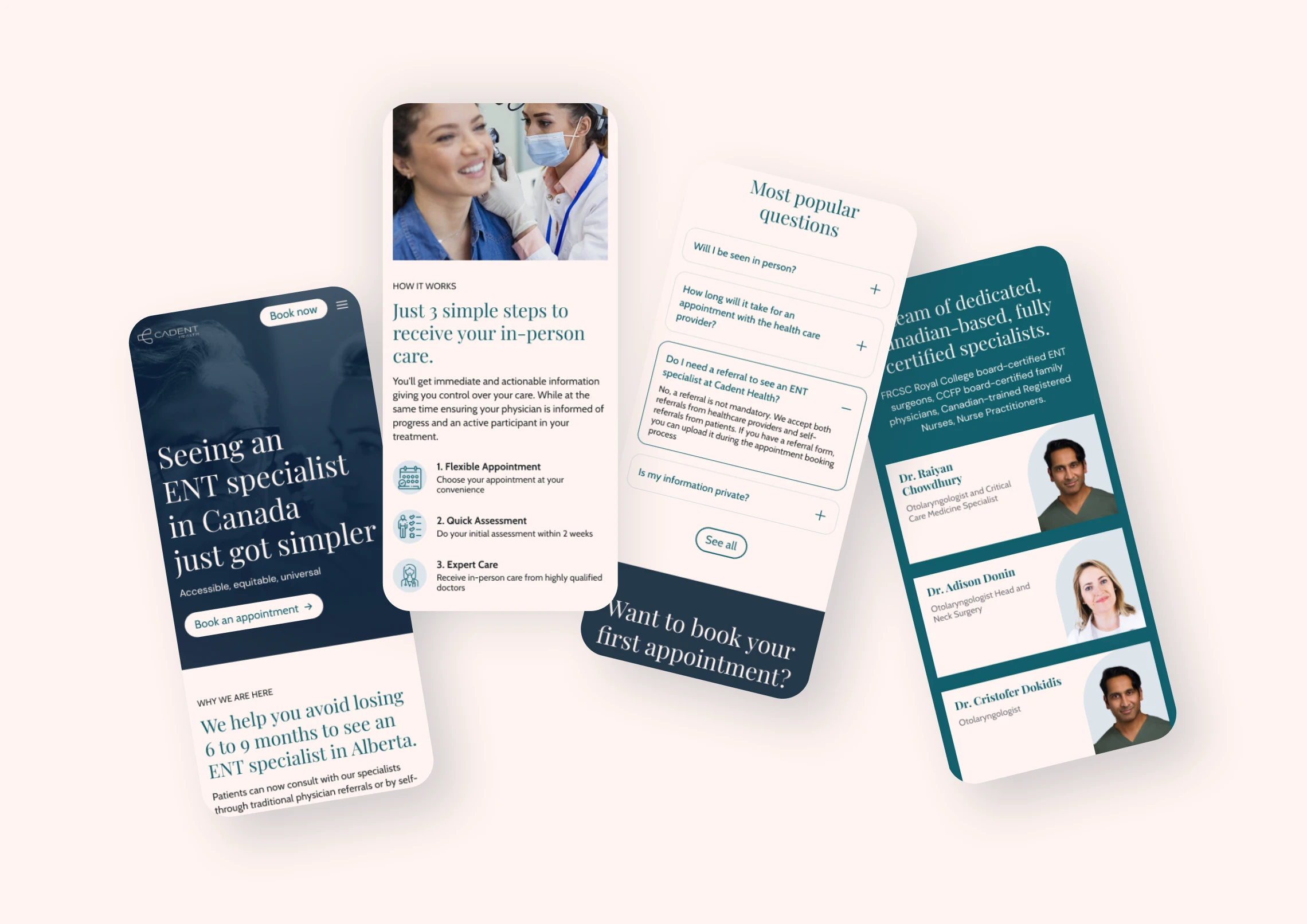 Mobile UI design of ENT clinic website with appointment booking and clinic info