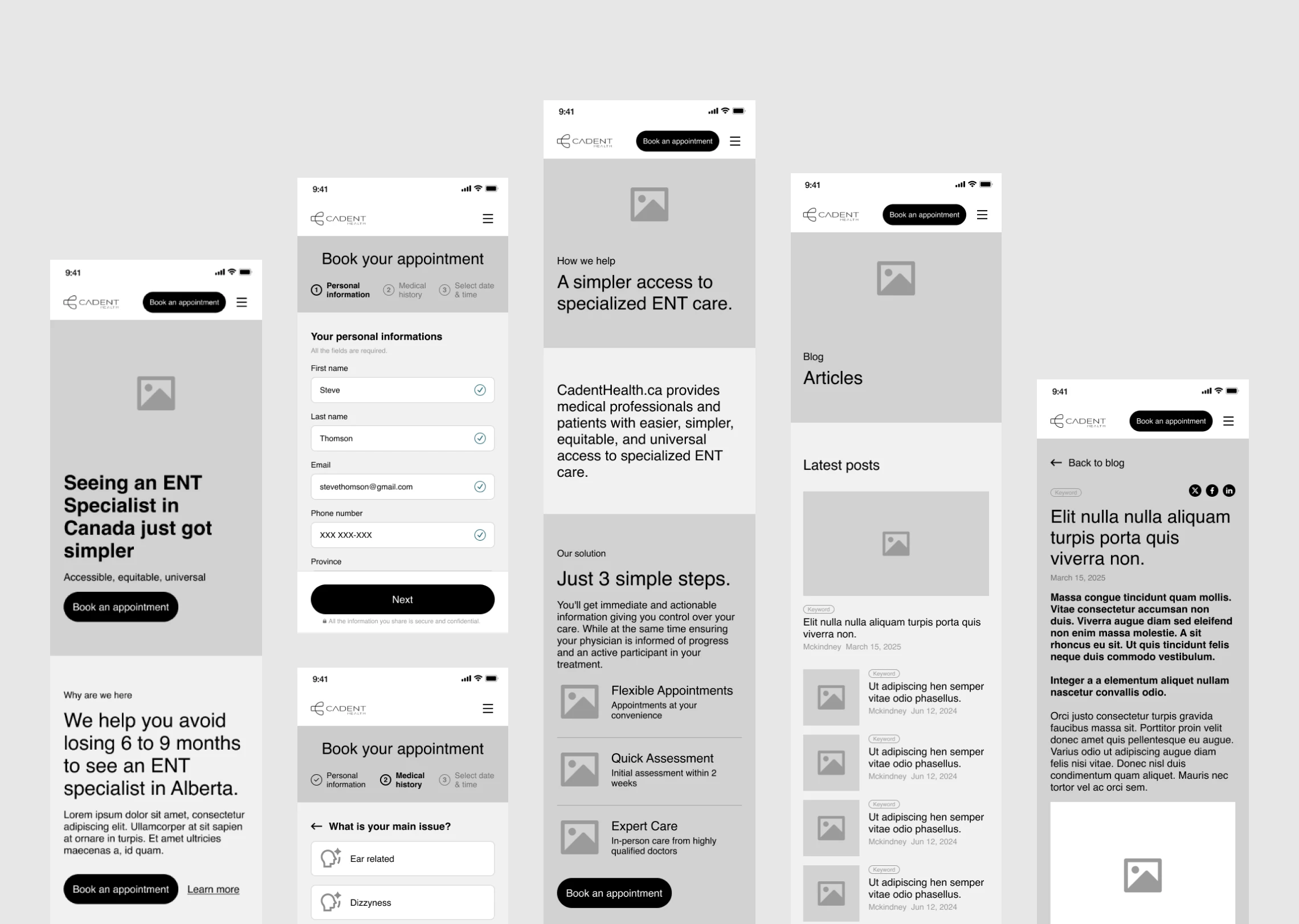 Mobile wireframes of ENT clinic website redesign showing structure and user flow