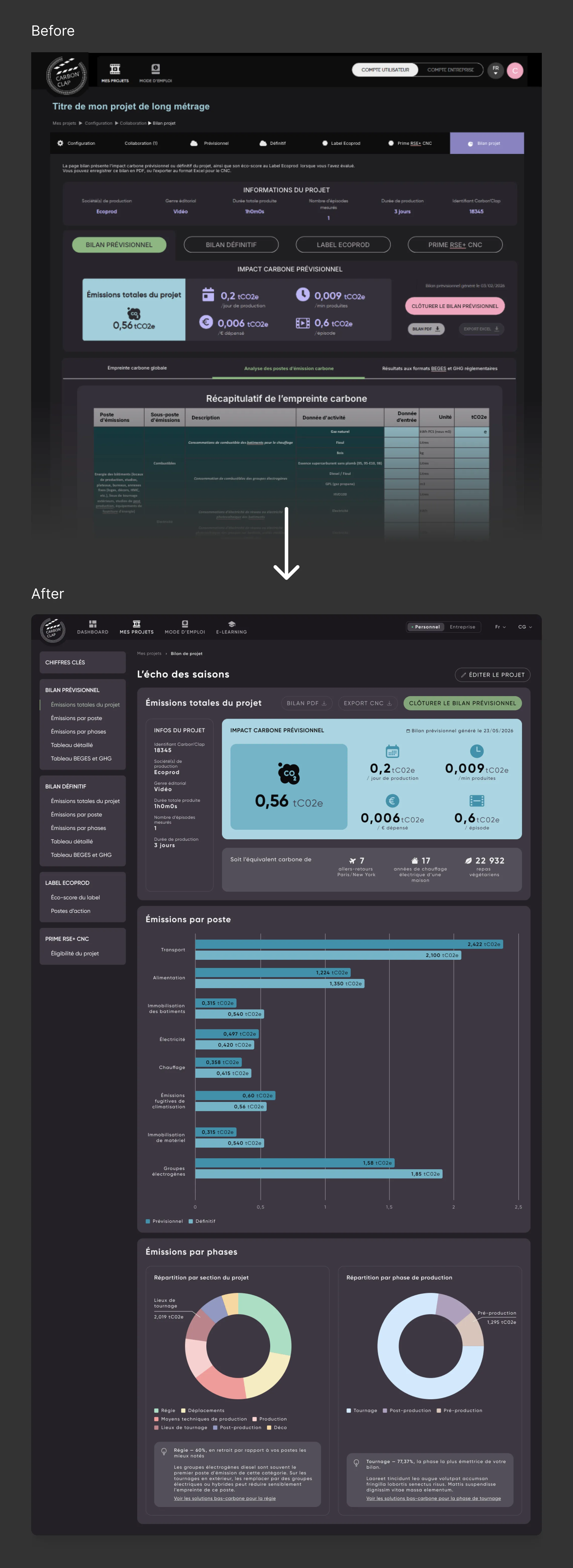 Before & after view of the project assessment page