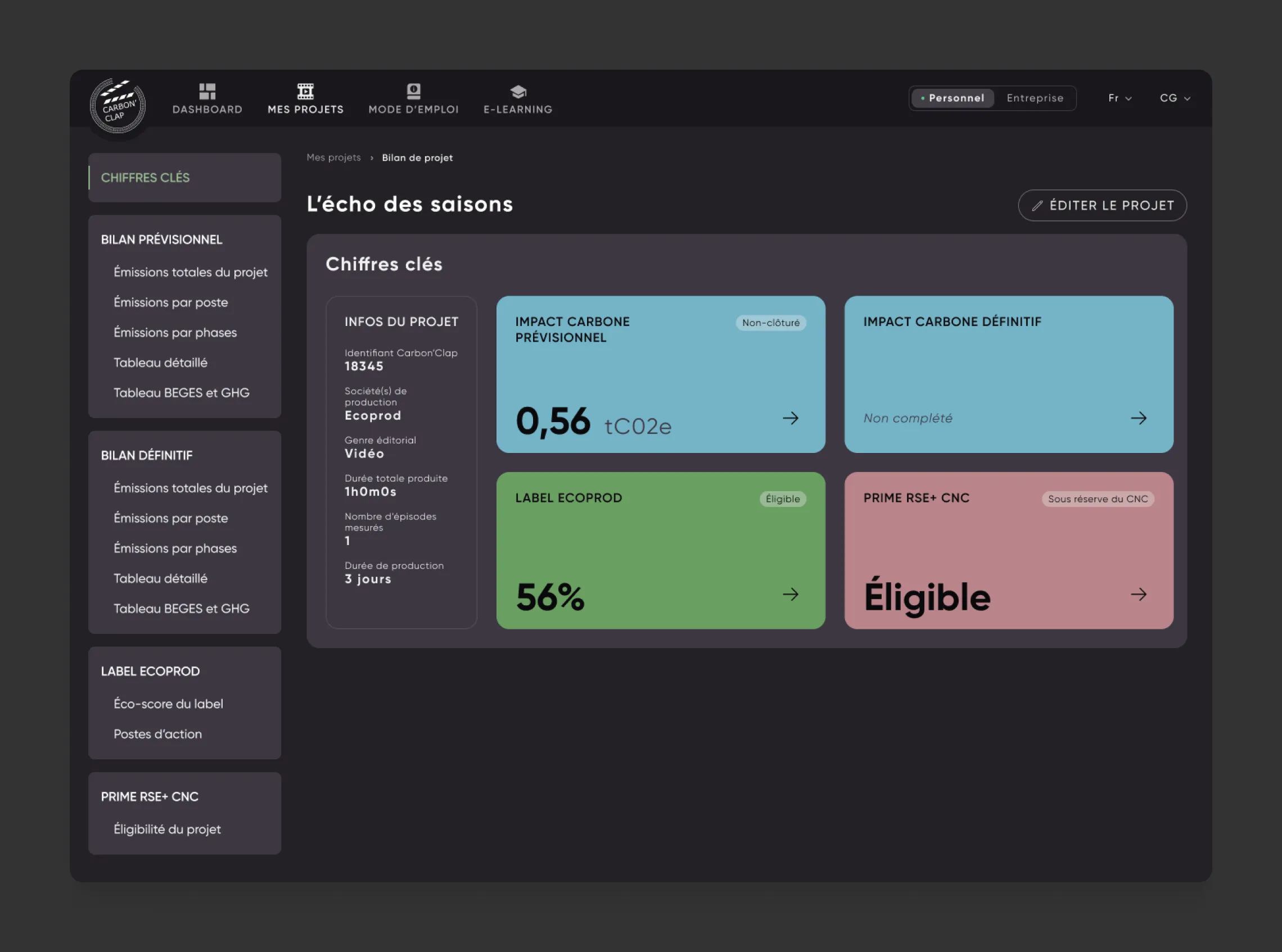 Dashboard view offering a clear overview of the four main sections.
