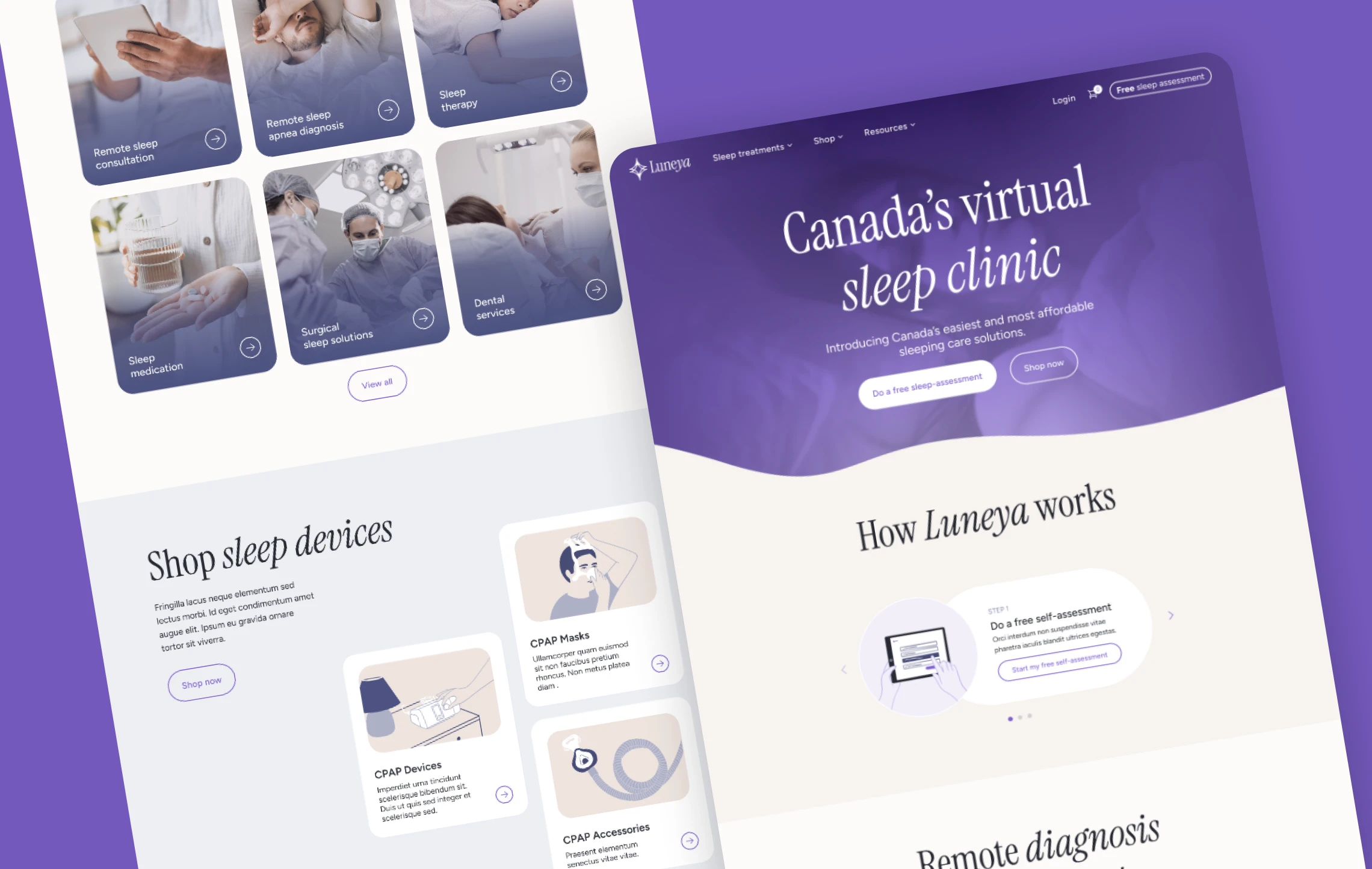 Luneya sleep clinic homepage – desktop version with access to diagnosis tool and e-commerce features