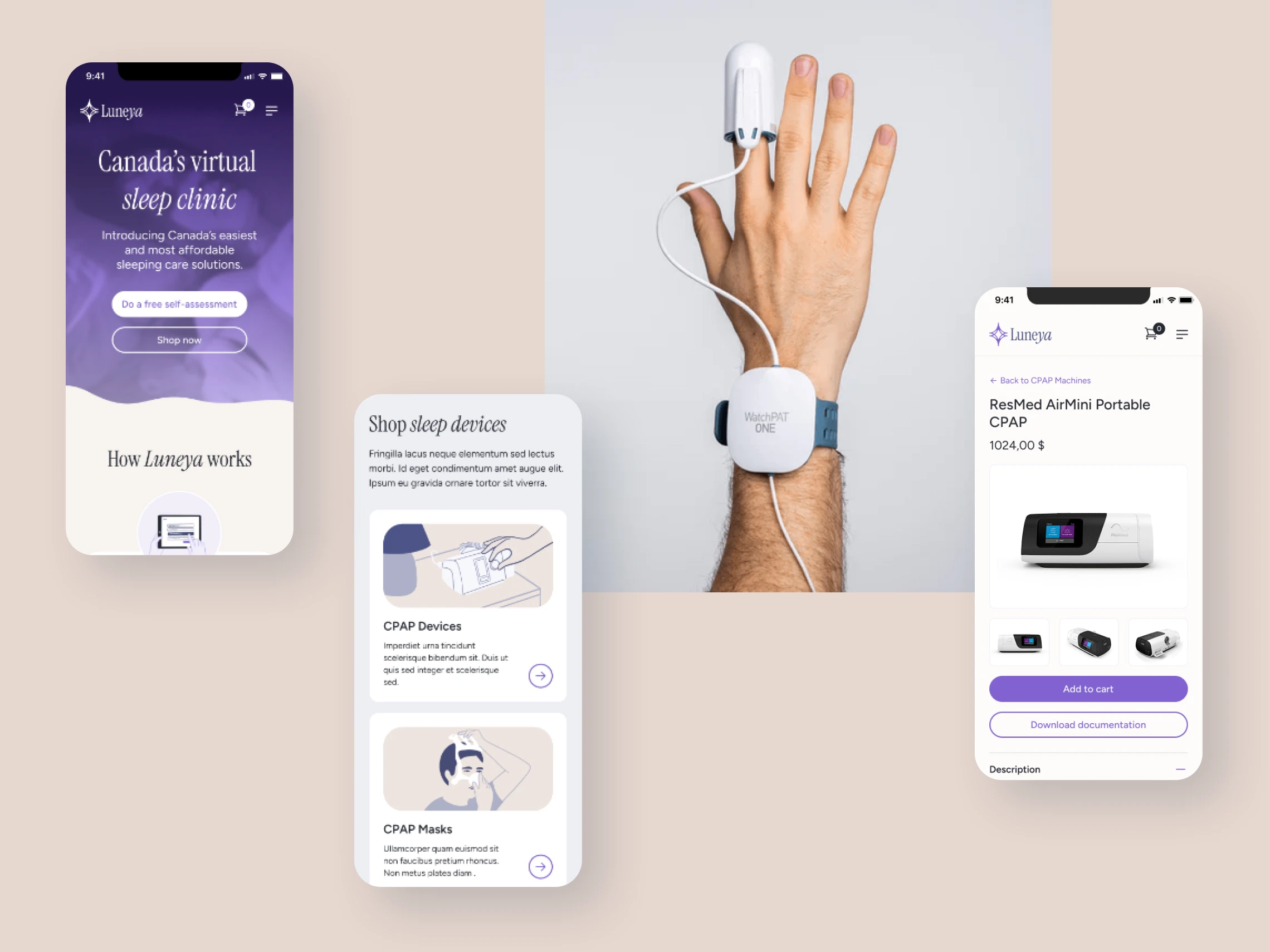 Mobile version of Luneya sleep clinic website with access to diagnosis, appointments and shop