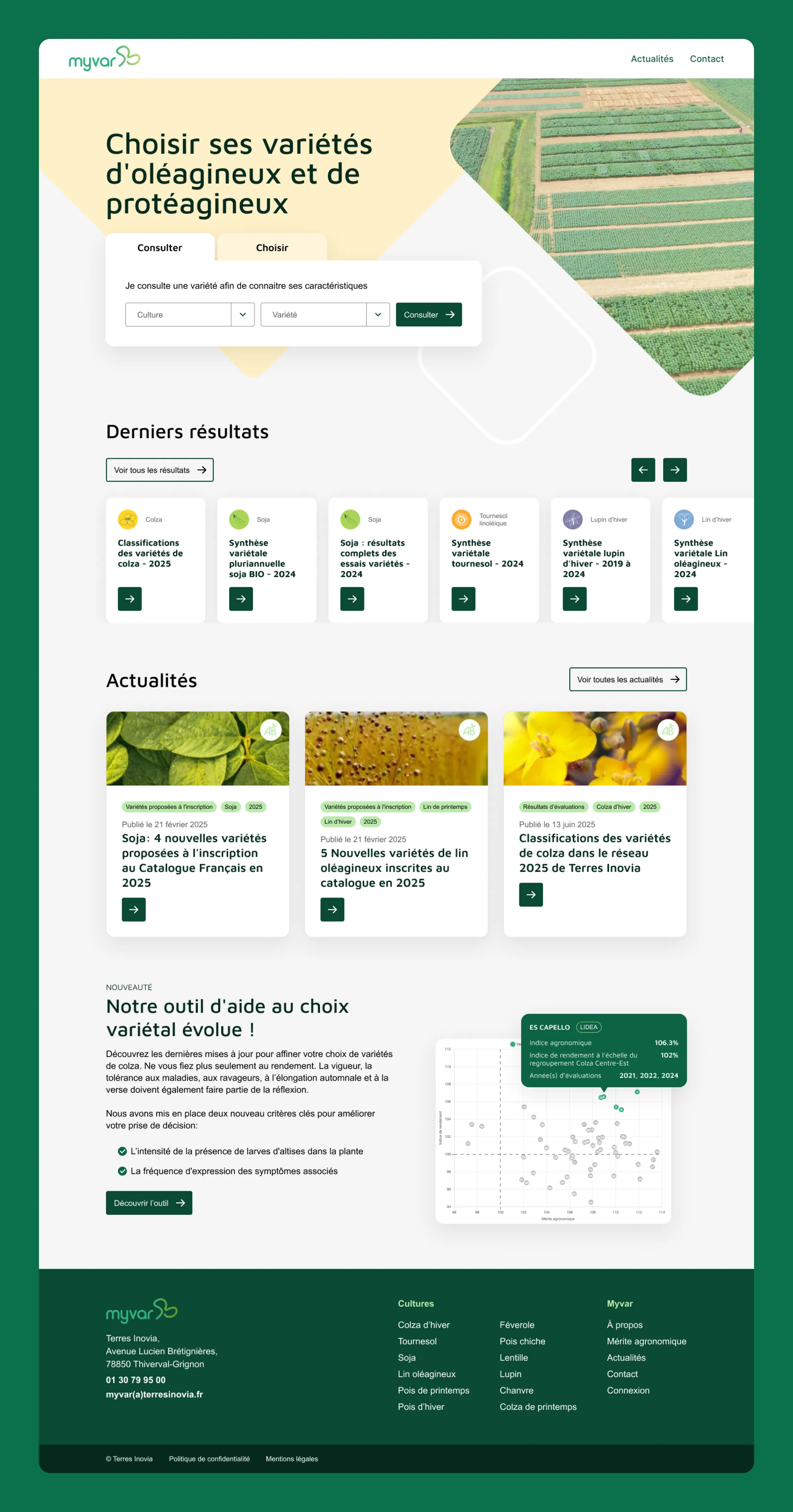 Myvar home page with dual-intent search module for French oilseed producers