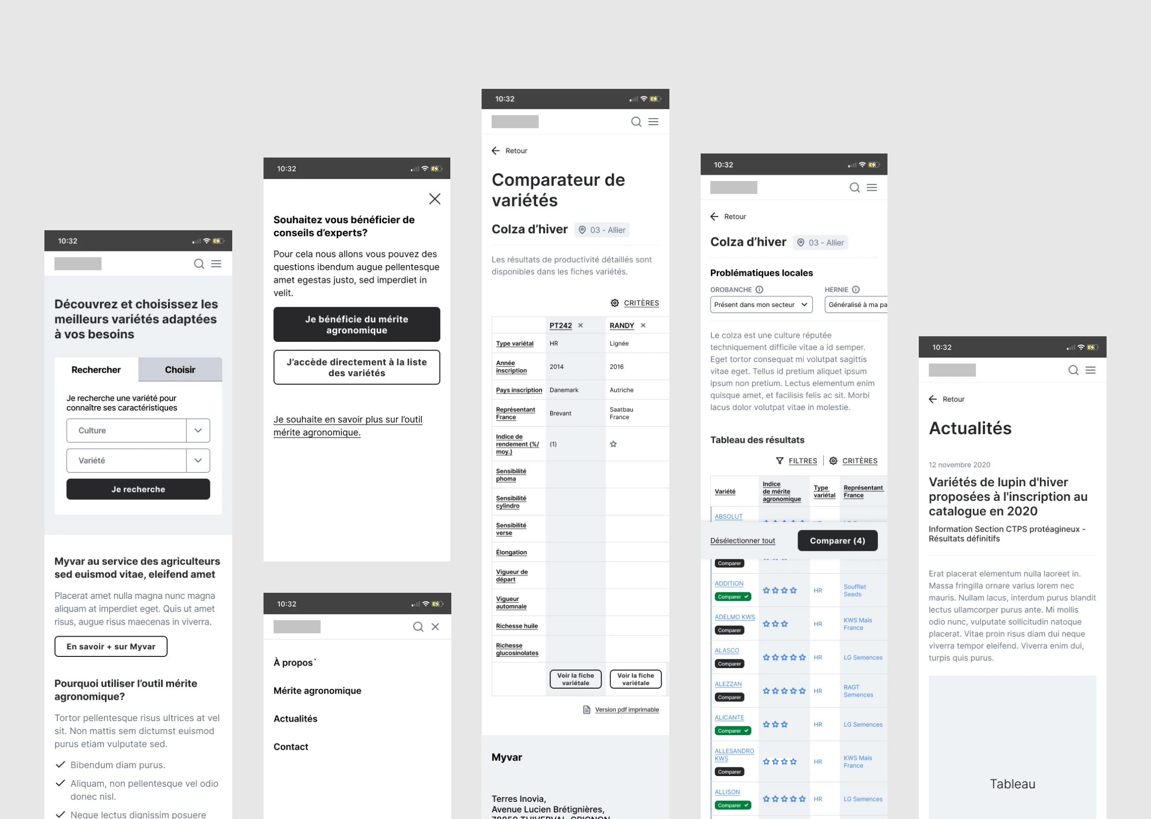 Mobile wireframes of Myvar tool designed for oilseed producers