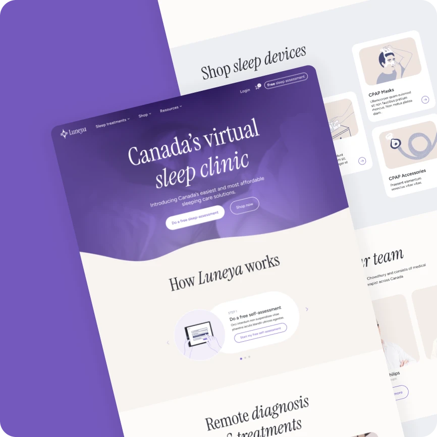 Luneya sleep clinic homepage – desktop version with access to diagnosis tool and e-commerce features