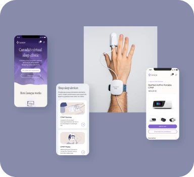 Mobile version of Luneya sleep clinic website with access to diagnosis, appointments and shop